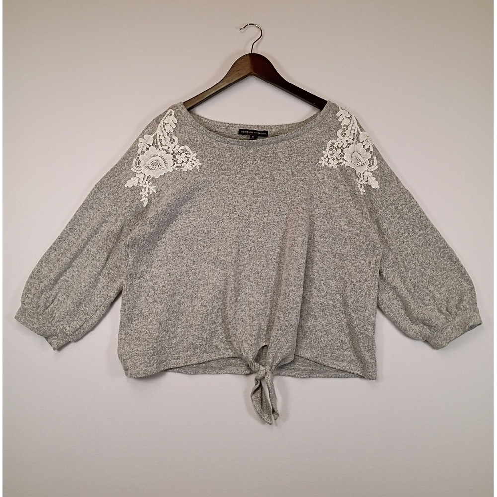 Cottagecore Adrienne Vittadini Womens XL Gray Lace Shoulder Tie Top VK32334